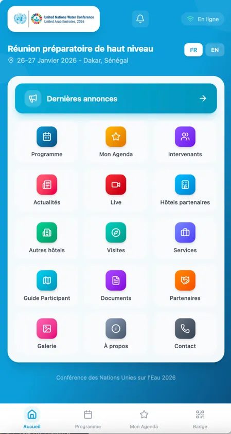 Capture d'écran de l'application PWA UN Water Conference 2026 sur smartphone